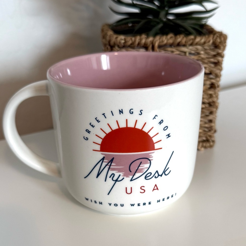 Threshold "Greetings From My Desk USA" 14 oz. Coffee Mug Cup White Pink